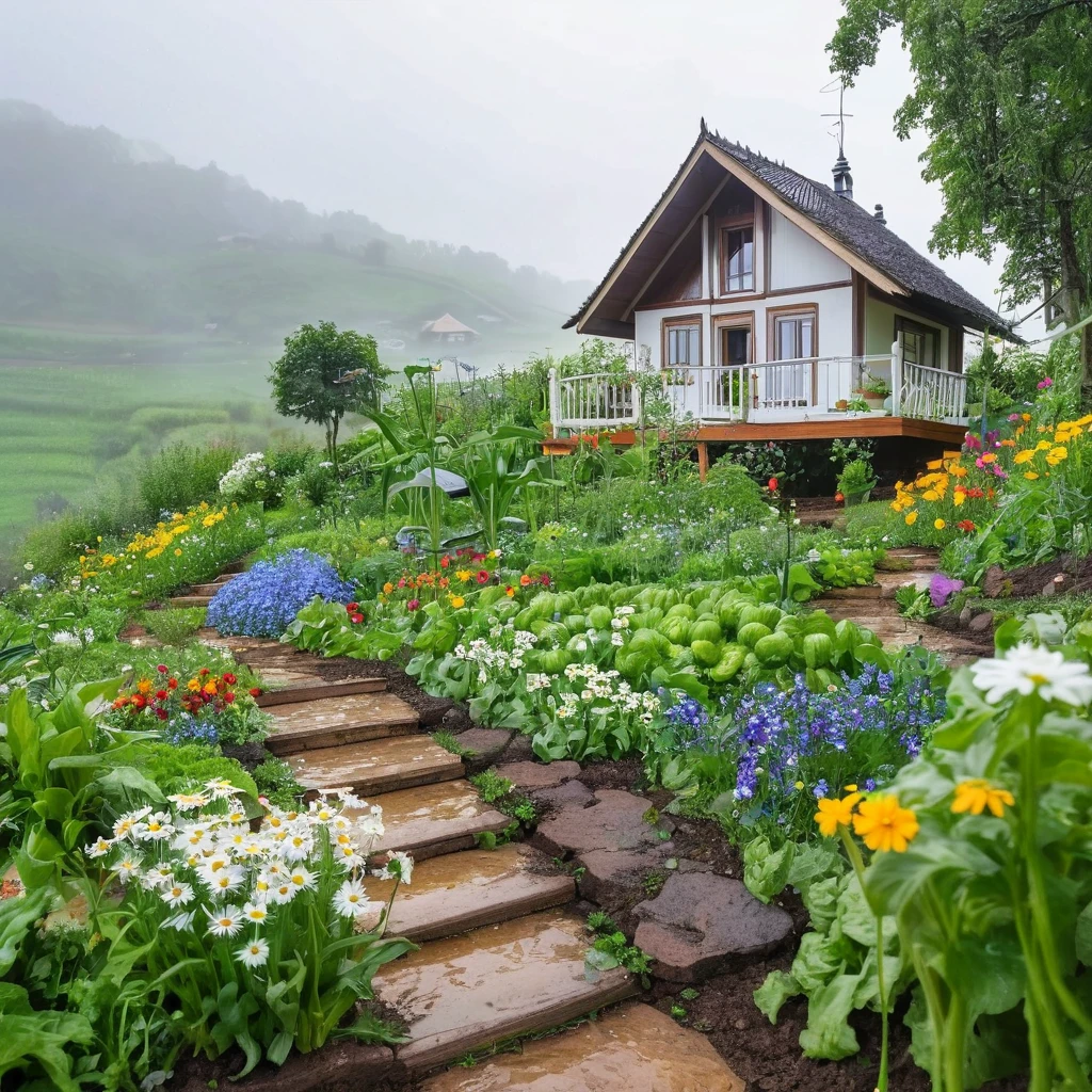view from far, cottage, the sacred symbol of nature, A straw house on the hill (stilt house), garden around the house with vegetables, A pathway to the house with many flowers, white daisys, violets, bluebottles. In front of the house is a valley with vegetables. scenery, a rainy day