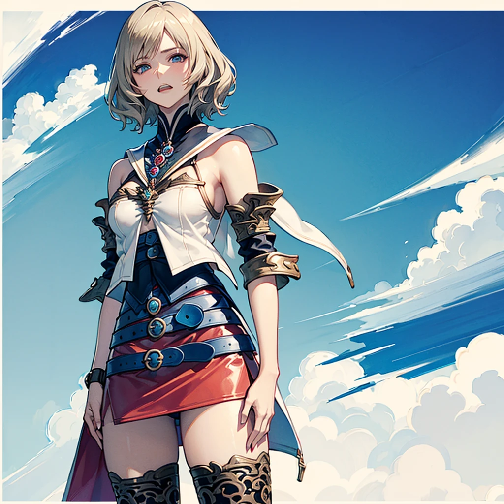 White background,appearance々Facial expressions,cowboy shot,(masutepiece, of the highest quality, Best Quality, Official art, Beautiful and aesthetic:1.2), ighly detailed, Colorful,highest details,Illustrations,Everyday scenery, 1girl in, Solo, (Final Fantasy 12,Ashelia, shorth hair,short-hair ,Ashelia Costume,Red mini skirt, thighs thighs thighs thighs, Knee socks that cover up to the shin,jewely, Blue belt,Number on one of the belts), is standing, gritted teeth, Heavy breathing, move chart,Medieval fantasy