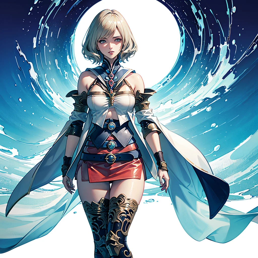 White background,appearance々Facial expressions,cowboy shot,(masutepiece, of the highest quality, Best Quality, Official art, Beautiful and aesthetic:1.2), ighly detailed, Colorful,highest details,Illustrations,Everyday scenery, 1girl in, Solo, (Final Fantasy 12,Ashelia, shorth hair,short-hair ,Ashelia Costume,Red mini skirt, thighs thighs thighs thighs, Knee socks that cover up to the shin,jewely, Blue belt,Number on one of the belts), is standing, gritted teeth, Heavy breathing, move chart,Medieval fantasy