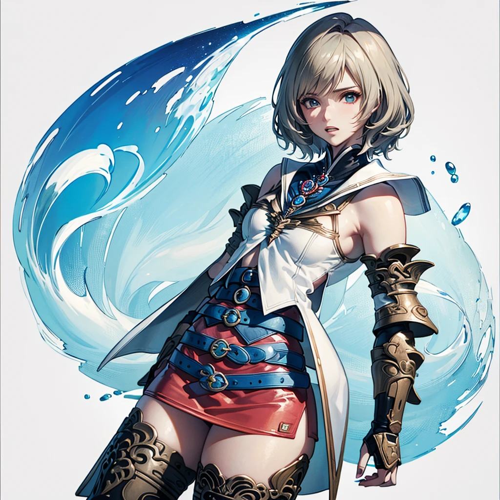 White background,appearance々Facial expressions,cowboy shot,(masutepiece, of the highest quality, Best Quality, Official art, Beautiful and aesthetic:1.2), ighly detailed, Colorful,highest details,Illustrations,Everyday scenery, 1girl in, Solo, (Final Fantasy 12,Ashelia, shorth hair,short-hair ,Ashelia Costume,Red mini skirt, thighs thighs thighs thighs, Knee socks that cover up to the shin,jewely, Blue belt,Number on one of the belts), is standing, gritted teeth, Heavy breathing, move chart,Medieval fantasy