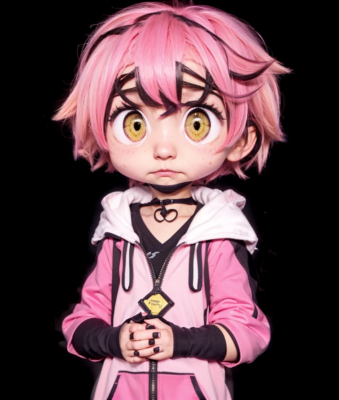 Pink hair, yellow eyes, blushing, pink hoodie, cute Japanese boy