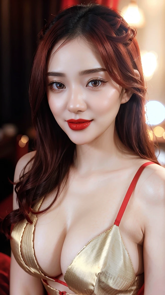 instagram photo, closeup face photo of 23 y.o Chloe in kebaya, Red Lipstick, sensual Lipstick, Sensational Make Up, cleavage, pale skin, (smile:0.4), hard shadows, Red G-STRING, gold Hair, bright lighting