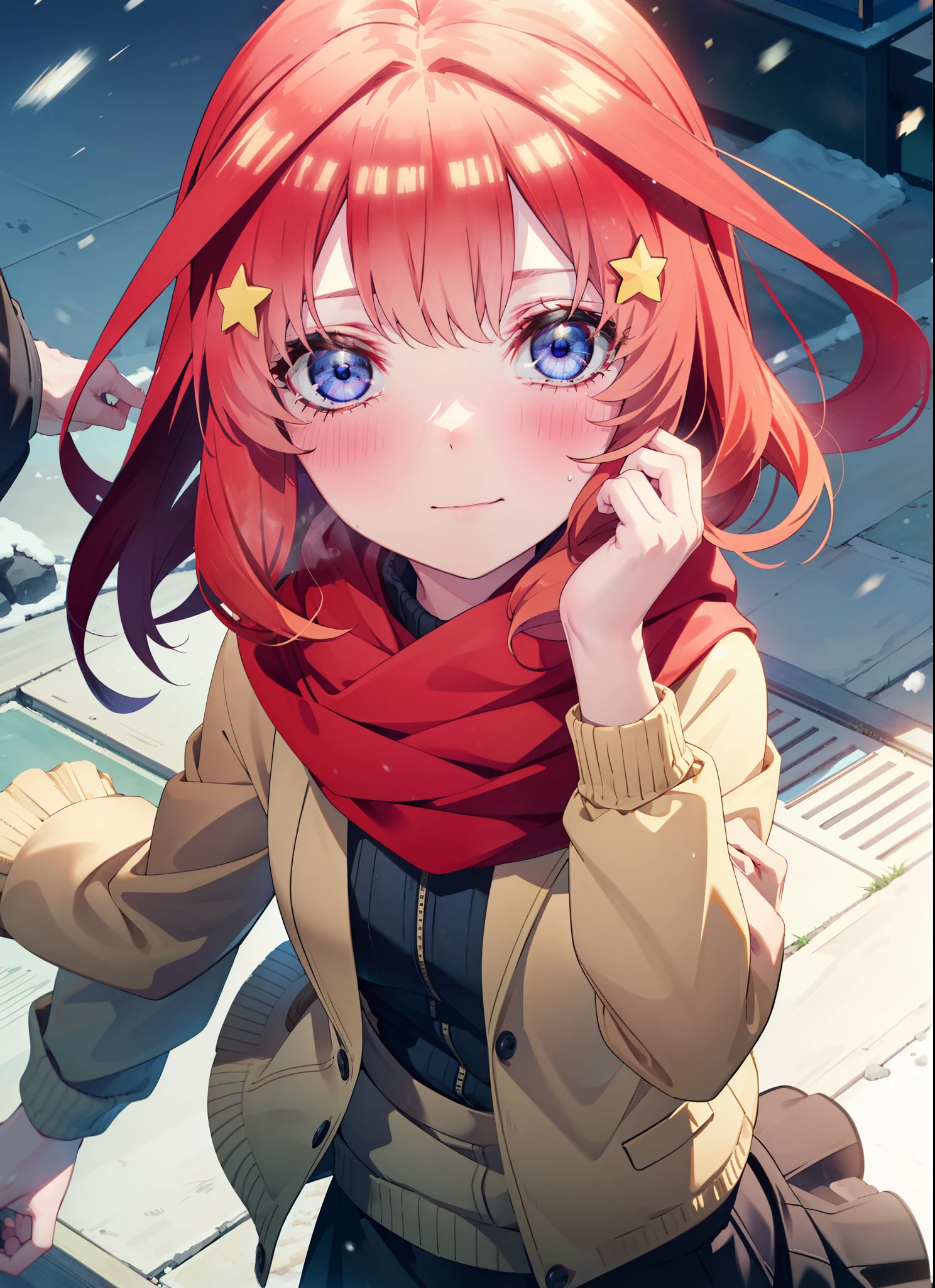 itsukinakano, itsuki nakano, bangs, blue eyes, Hair between the eyes, Ahoge, Redhead, star \(symbol\), hair ornaments, star hair ornaments,smile,Yellow scarf,red coat,White Tokkuri Sweater,Black long skirt,Black pantyhose,short boots,blush,White Breath,Close your mouth,It's snowing,It's snowing,Shirogane World,Walking,whole bodyがイラストに入るように,
break outdoors, Snow Country,Residential Street,
break looking at viewer, whole body,
break (masterpiece:1.2), Highest quality, High resolution, unity 8k wallpaper, (figure:0.8), (Beautiful attention to detail:1.6), Highly detailed face, Perfect lighting, Highly detailed CG, (Perfect hands, Perfect Anatomy),