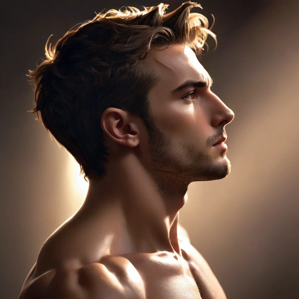 Hot guy, sharp features, profile, 3/4 view, intense lighting, handsome