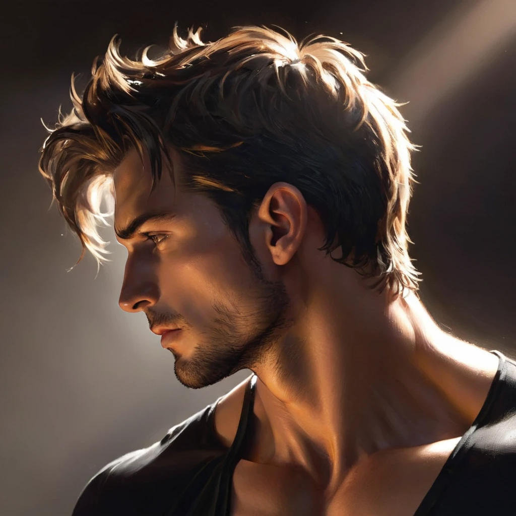 Hot guy, sharp features, profile, 3/4 view, intense lighting, handsome