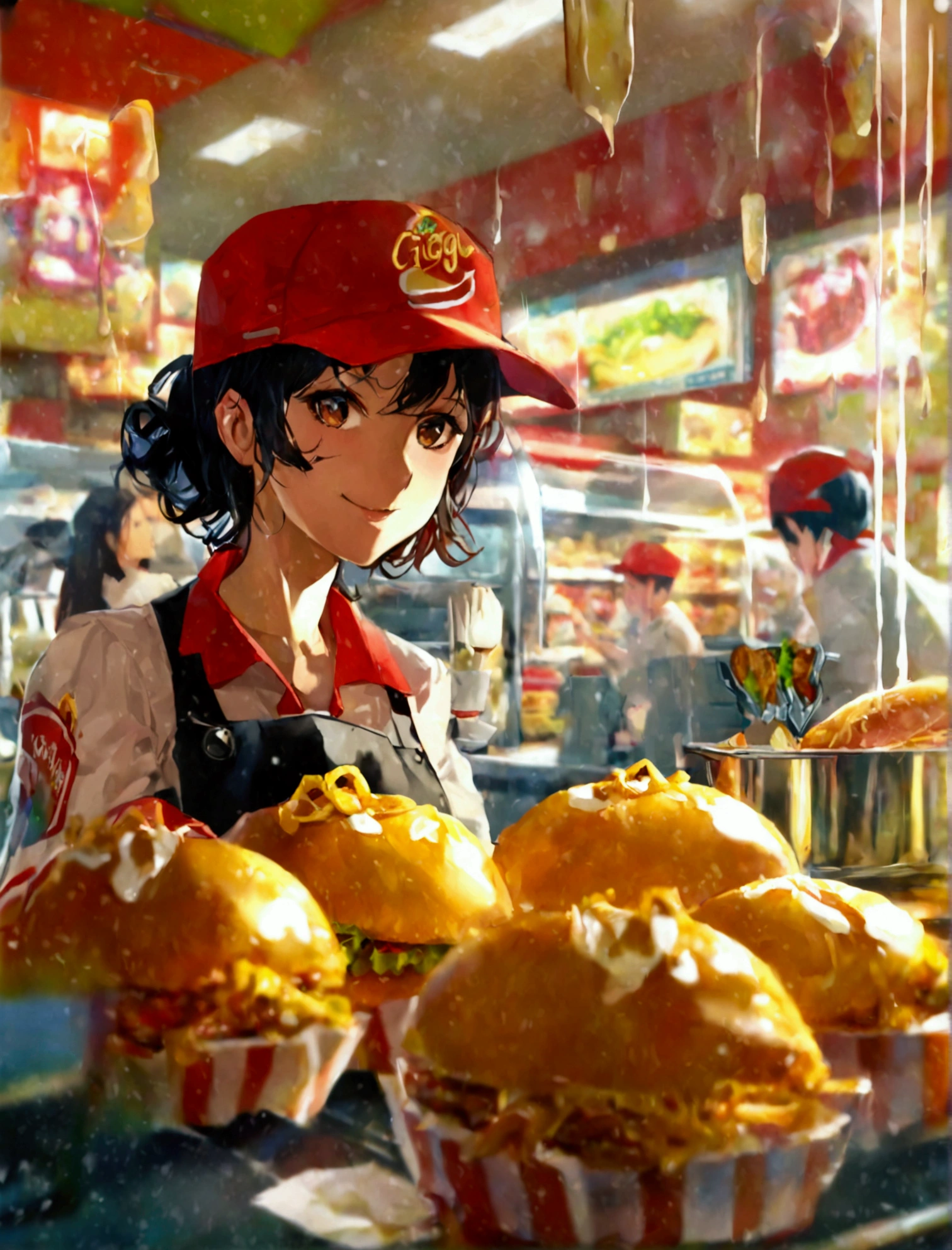 Aphotorealistic, ultra-detailed representation of a dedicated fast food worker serving customers behind the counter in an upper body shot. The individual, showcasing a genuine smile, is skillfully multitasking, handling various orders with precision and attention to detail. Their uniform, emblazoned with the familiar logos of the fast food chain, is worn neatly, and their hands move with dexterity as they assemble meals. The background is a blur of movement, customers lining up to place their orders. The scene is brightly lit, highlighting the worker's focused expression and the intricate mechanisms of the fast food assembly line. The image is shot in 8K UHD, gigantic breasts, giga_busty