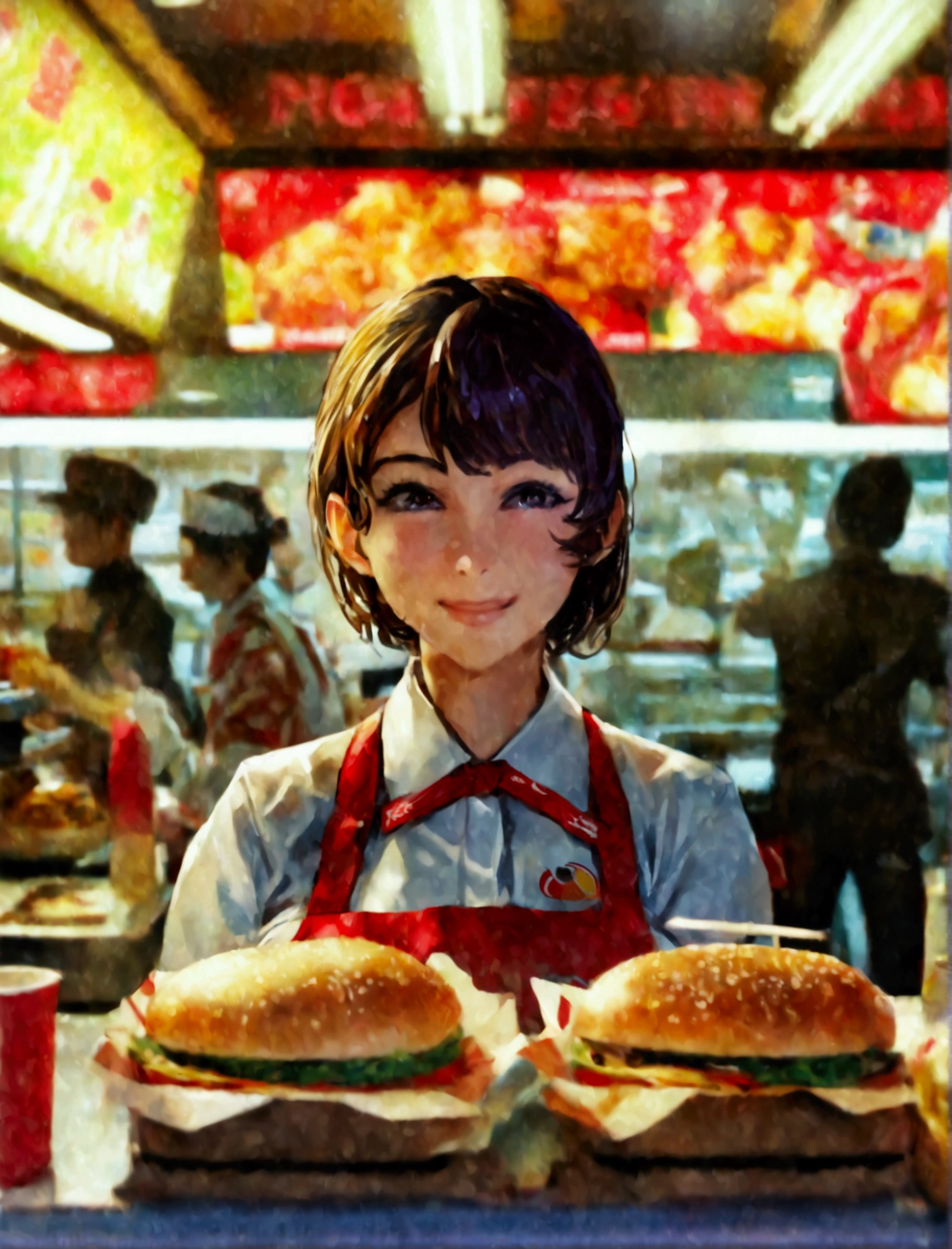 Aphotorealistic, ultra-detailed representation of a dedicated fast food worker serving customers behind the counter in an upper body shot. The individual, showcasing a genuine smile, is skillfully multitasking, handling various orders with precision and attention to detail. Their uniform, emblazoned with the familiar logos of the fast food chain, is worn neatly, and their hands move with dexterity as they assemble meals. The background is a blur of movement, customers lining up to place their orders. The scene is brightly lit, highlighting the worker's focused expression and the intricate mechanisms of the fast food assembly line. The image is shot in 8K UHD, gigantic breasts, giga_busty