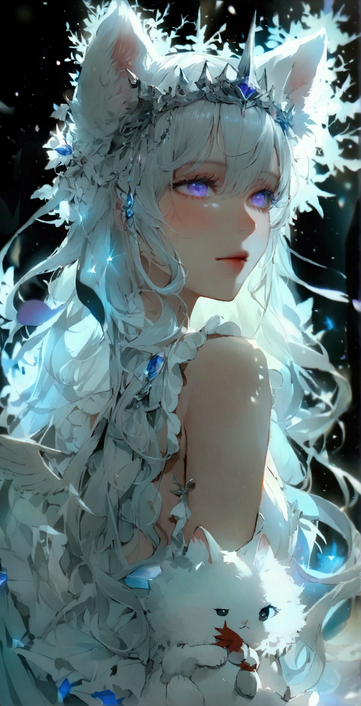 beauty,Long Wavy Hair,Gray Hairはとても魅力的です, Detailed and precise manual work, Attractive girl, 白いCat耳,Purple eyes and white eyelashes,light in your eyes,Reflecting the entirety of a large angel's wings,Arms outstretched,delicate, A fluffy white dress like a cloud, Hand-drawn illustration,Broad background,cute、flight、Your eyes are bright and beautiful、whole body、Gray Hair、白いCat耳、Cat'tail、beautiful青い目、white crown、beautiful、Black Moon、Purple light、universe、Fantasy,Lots of light、gem、magic、AmbiLight,The colors are vibrant and bright,Black background,mist,Detailed Description,Rich details,An explosion of imagination,masterpiece,8K,Light,Tyndall effect、