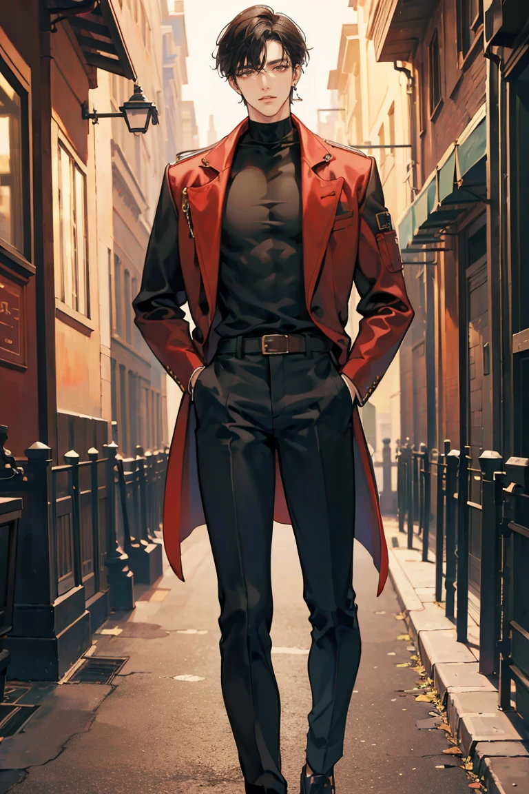 (masterpiece), best quality, seductive eyes, perfect face, handsome man, brown eyes, long slicked back black hair, long nose, tan brown skin, plain black turtleneck, red coat, black fitted pants, extremely tall man, long legs, long calves, full body, tall man, long legs, anime cover, 1boy, ear piercings, hands in pockets, adult-like look, cafe background
