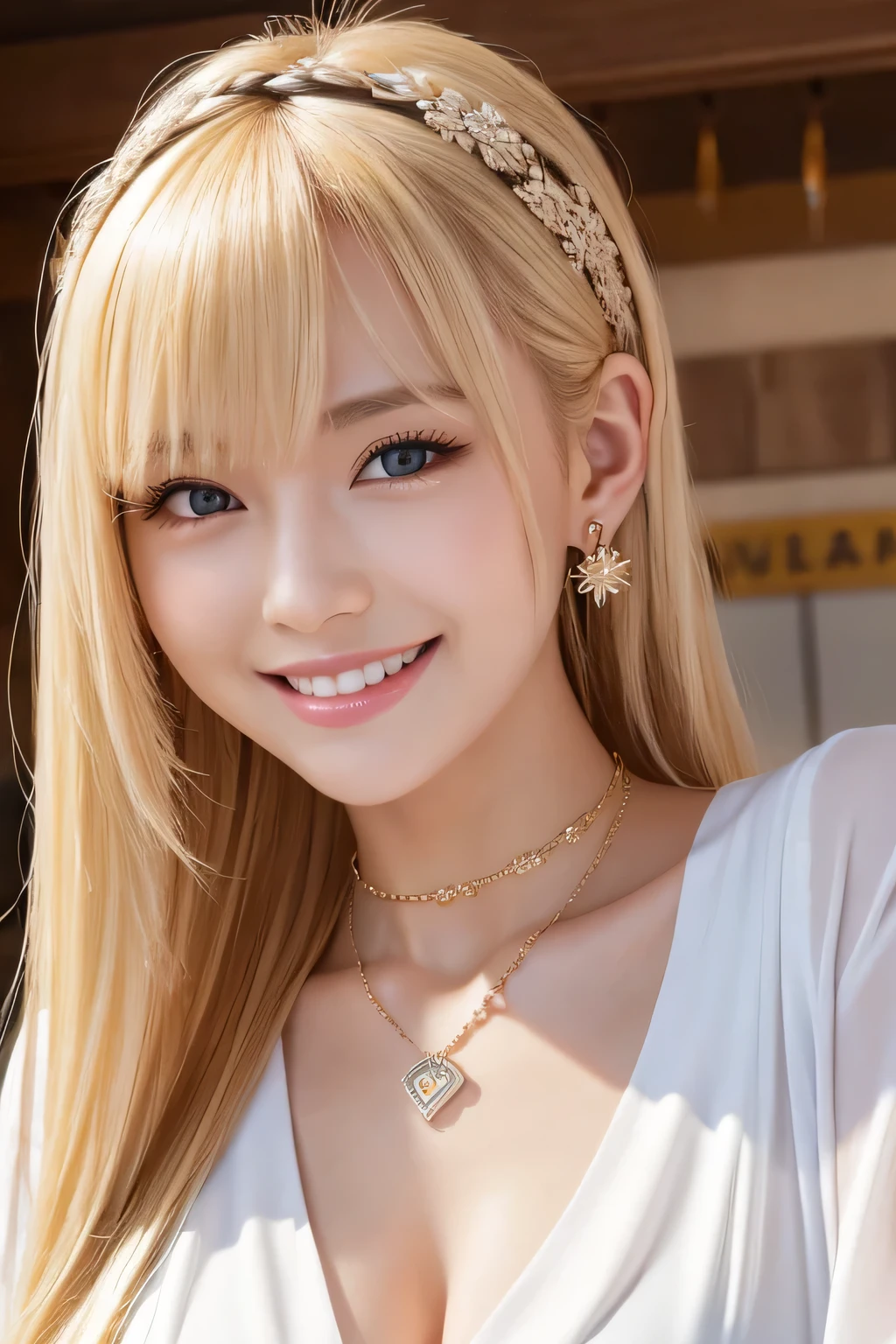 young woman、Blonde、hairstyle semi long、ear piercing、Necklace around the neck、blouse、Emphasize the chest、smile、Beautiful teeth alignment、Intricate details, Very detailed:1.2), 、hair band、 Looking into the camera、The background is the office

