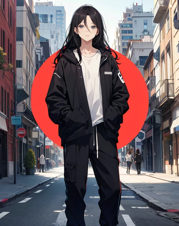 work of art,1 ,lonely,Bblack hair, long hair,One-piece pajamas, Street,hands on hips, hands in pockets,