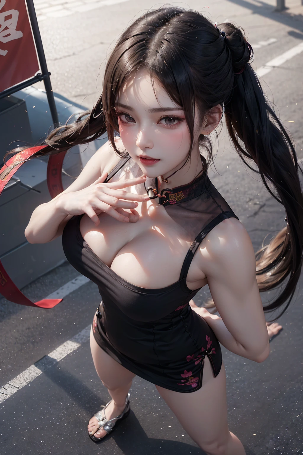 ((16K)),(masterpiece:1.3, Highest quality, Ultra-high resolution, Super detailed), (Realistic, photoRealistic:1.4), Perfect lighting, colorful, Depth of written boundary, Browsing Caution, Surrealism,Face Light,Beautiful detailed hair,Beautiful eyelashes, Beautifully detailed face, Beautiful fine details, Beautiful clavicle, Beautiful body, thin脚,Beautiful breasts, Beautiful feet, Beautiful Hands, Cleavage,Pointed Chest, thin, 1 girl, Perfect Face, Long eyelashes,Perfect Anatomy, Supermodel with a long neck,((Skinny1.3)),looking at the camera,(Perfect Anatomy,Anatomically correct, Highly detailed skin), Shiny skin,((beautiful girl:1.1)),(( large breasts:1.4)),(twin buns:1.3, Black Hair) ,diagonal bangs,Dainty facial structure,((Grim face:1.2 )),((fighting stance:1.5 )), ((wind lift)),((wind effect)),((wearing Cheongsam/cheongsam:1.4)),sexy and glamorous black cheongsam (Chinese dress) ,The dress should feature intricate patterns and a high slit, highlighting its elegant and sultry design. The overall appearance should be striking and eye-catching,cleavage cutout,tight mini skirt,sleeveless, ((wide shot:1.2)),(from above:1.1)),Generate an image of a vibrant and colorful street in Shanghai. The street should be bustling with activity, showcasing bright lights, colorful signs, and a lively atmosphere. Include iconic elements such as traditional Chinese architecture, modern buildings, street vendors, and people walking around to capture the dynamic essence of Shangh