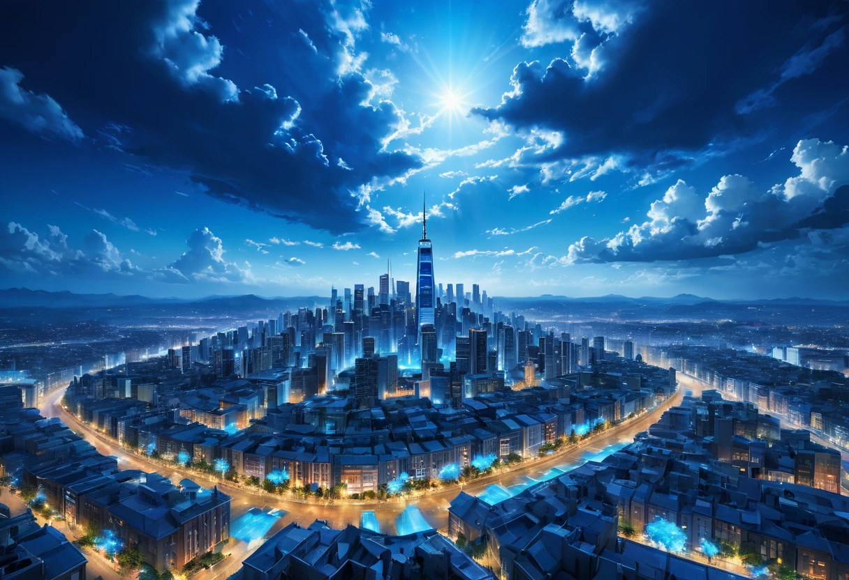 sky blue, sky city, blue lighting, HDR, 4k resolution, (painting realistic : 1.3), (ultra high resolution: 1.0 ), (((best quality, 8 thousand, masterpiece:1.4))