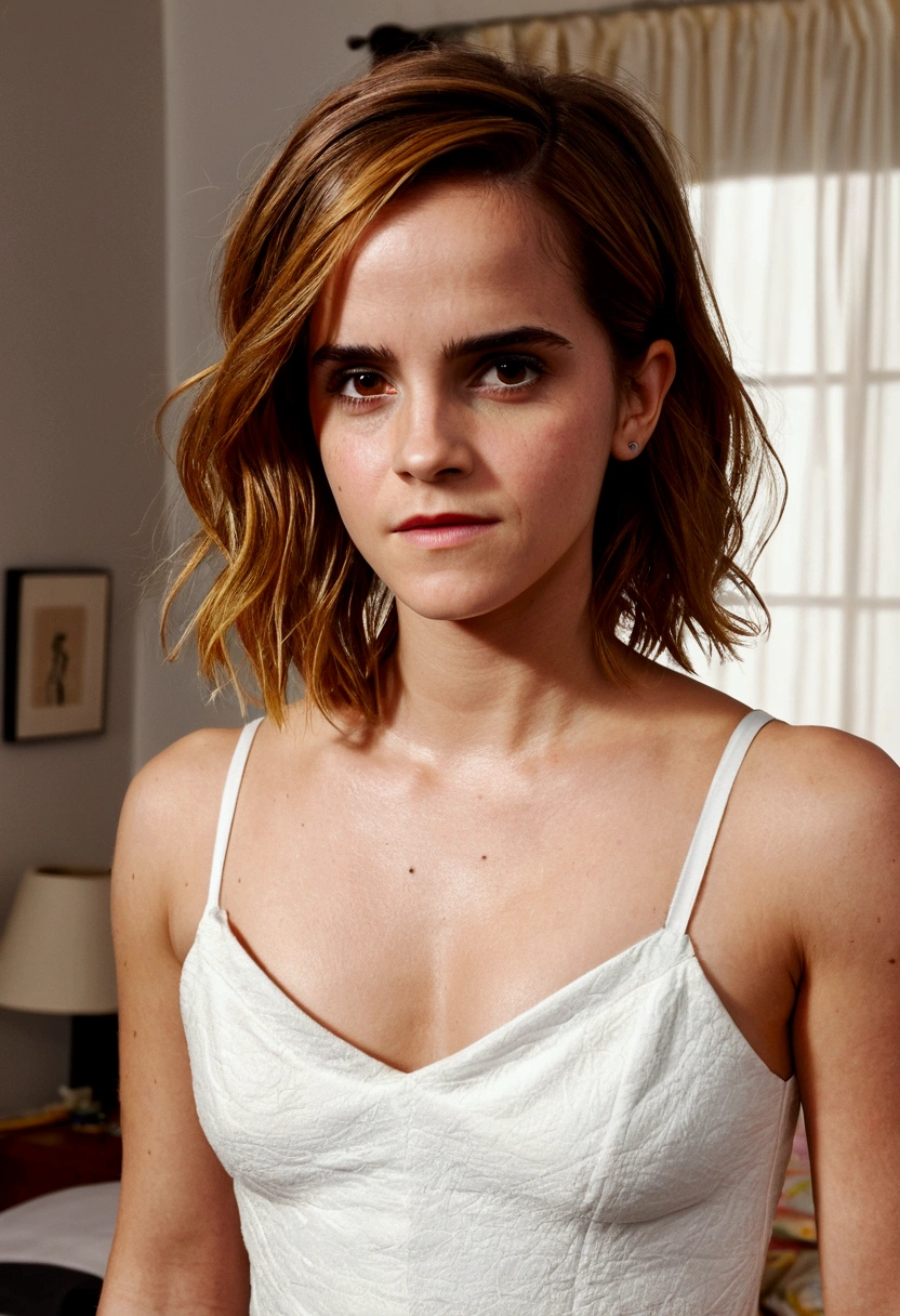RAW photo, photograph of a (((Emma Watson))) 31years old woman, (detailed facial features), gorgeous face, standing in her messy bedroom (high detailed skin:1.2) (detailed facial features), gorgeous face, ((detailed face) fullbody