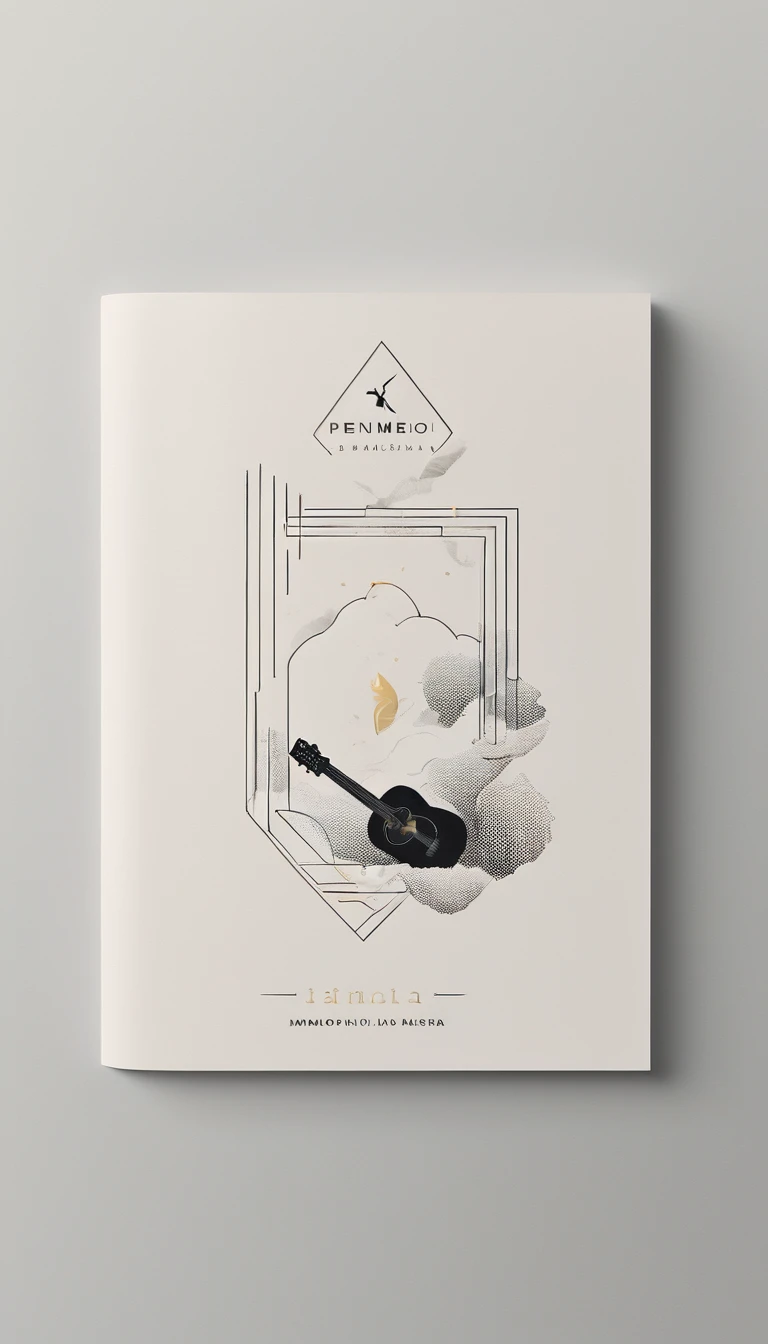 A minimal, modern, simple, cinematic logotype for the brand “Penamemoria". The logotype must be a simple, magical feather and a boy playing acoustic guitar. The logo must convey a sense of music, stories and dreams. Logo design impressed on a book cover. Minimalistic logo
