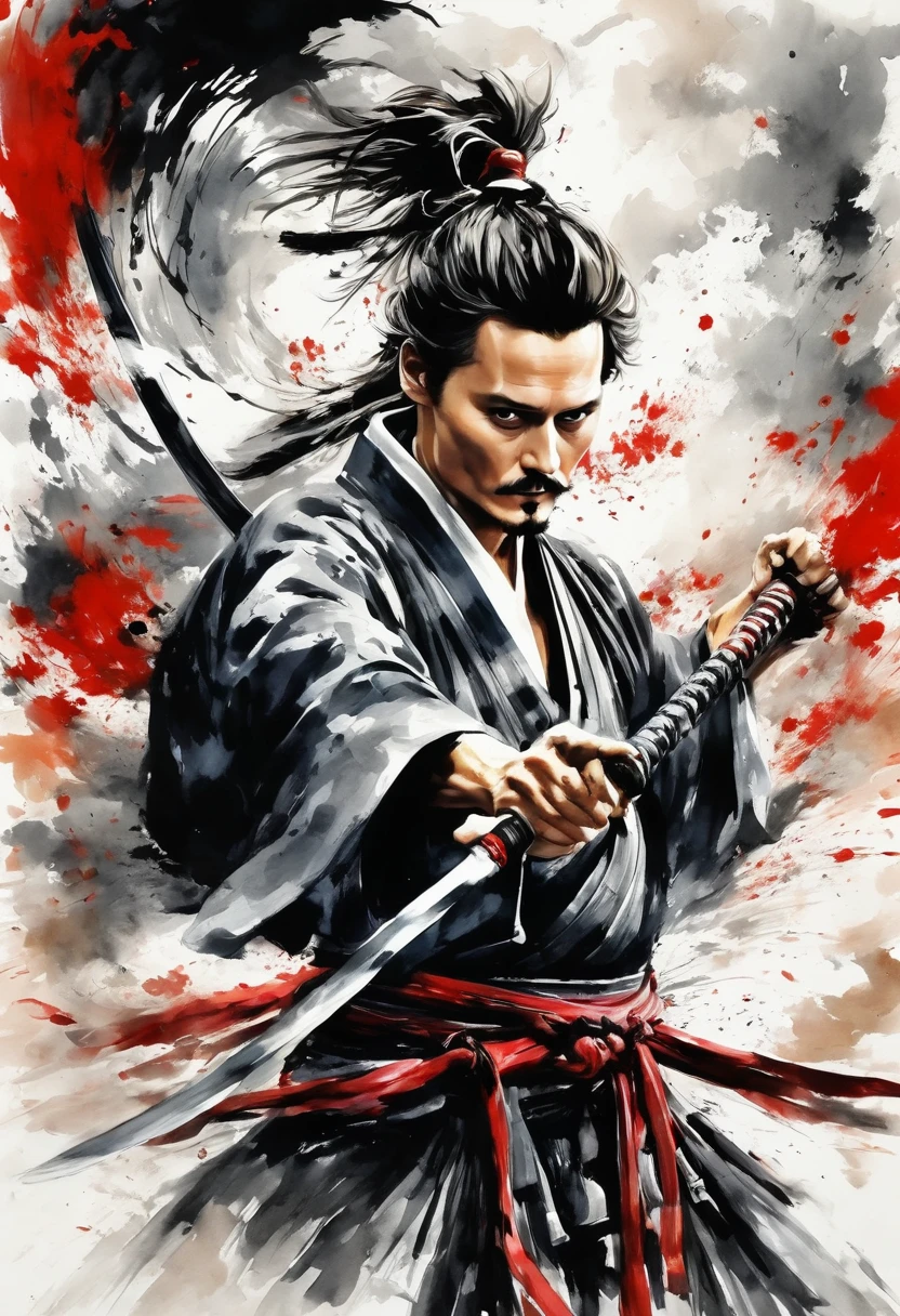Ink painting,１color,whole body,smile,Johnny Depp,Medium Hair,Samurai,Black kimono,(haori),(Intense sword fighting scene with outstretched arms),Drawing strokes drawn with rot ring 0,Dynamic movement and powerful brushstrokes、splash,