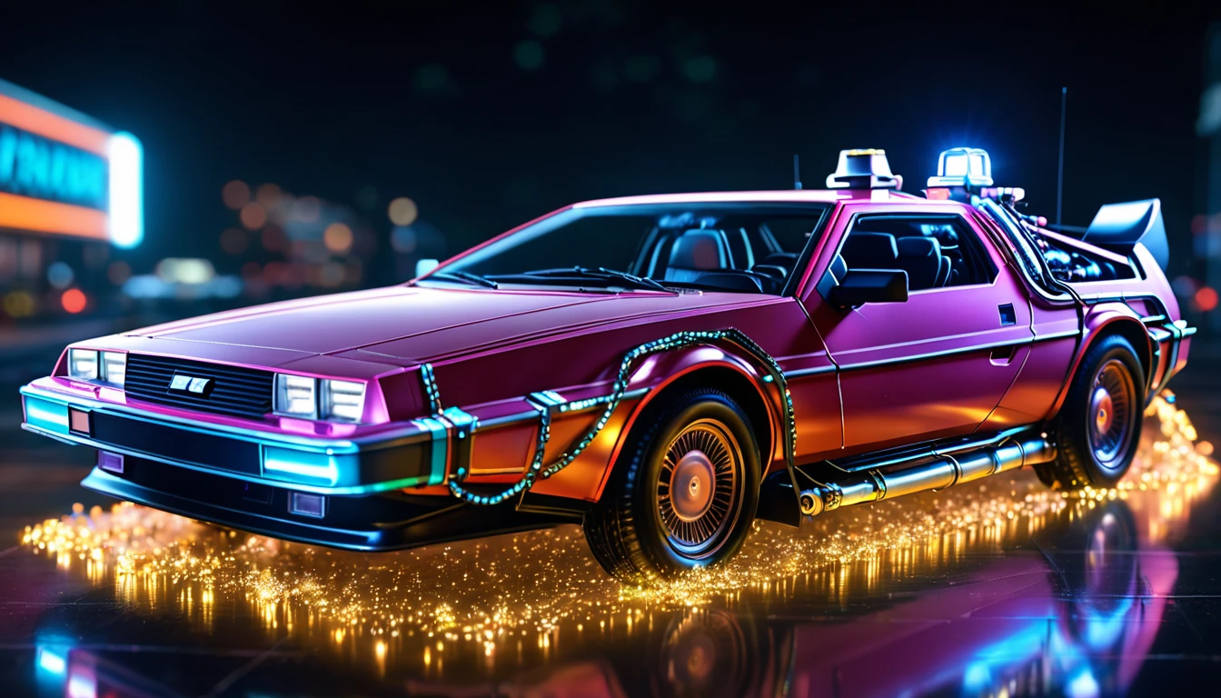back to the future,timemachine,very fine details,Shiny body,((floating)),neon,Very fine LED particles,A body covered in light particles,Concentrated line,radiation,8K,RAW Photos,Highest quality,masterpiece,reality,Very detailed,bfdlrn,thunder,dazzling,