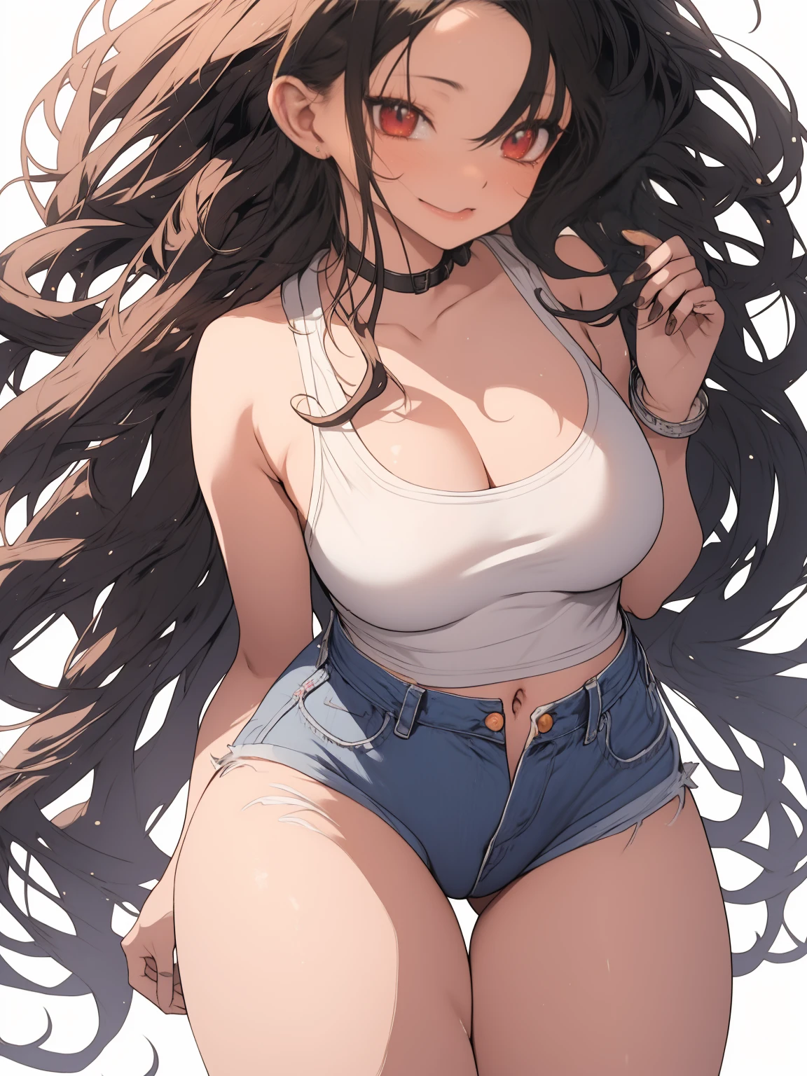 Anime, anime girl, 2d, y, 16(full body), Very Kawaii, smile, lip lips, seductive smile, Solo, Slim, Large Breasts, Plain White T-shirt, Very Tight Shorts, upshorts, Dynamic Angle, No Background, White Background, looking at viewer, darker shadows, (((absurdres))), (((thigh gap))), (((cameltoe))), (((sleeveless))),