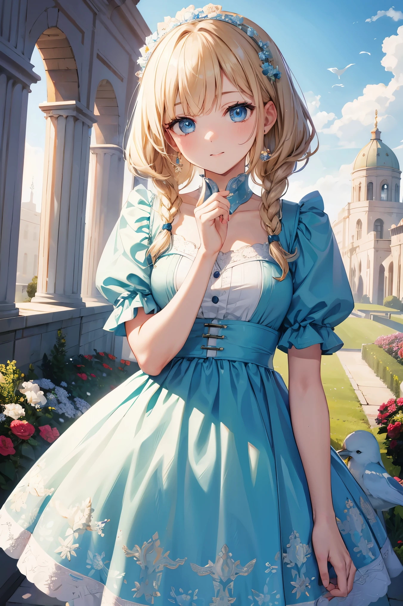 masterpiece, Highest quality, Very detailed, 16K, Ultra-high resolution, Cowboy Shot, Detailed face, Perfect Fingers, 1 female, , blue eyes, blonde, Braiding, royal palace, garden, hjy, a green and white dress with a bird on it