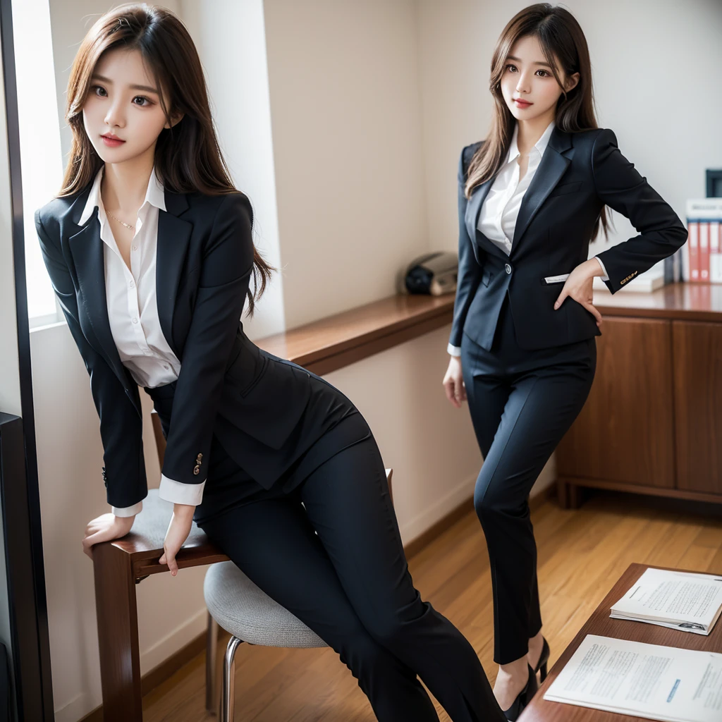 Beauty、BeautyOL、Detailed face、Realistic、beautiful girl、Beauty、Office Lady Uniform、beauty、Beautiful woman、Narrow waist、Handsome woman、Tight pants look、suit、Sexy pose、タイトなsuitパンツ、