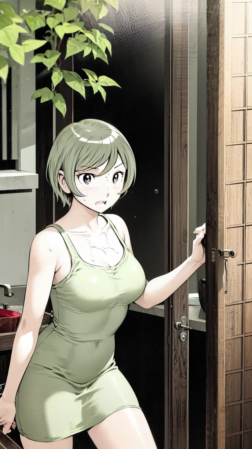 、(masterpiece、Highest quality)、Highest quality, Ultra-high resolution, (((masterpiece))), alone, Sweat、Big eyes, Sleeveless、Outdoor、Floral Dress、Composition from the front、(後ろCut your hair short、short hair、blonde、woman)、Shortcuts、Embarrassed face、Cut your hair short、可愛いwomanの子、Big Breasts、Browsing Caution