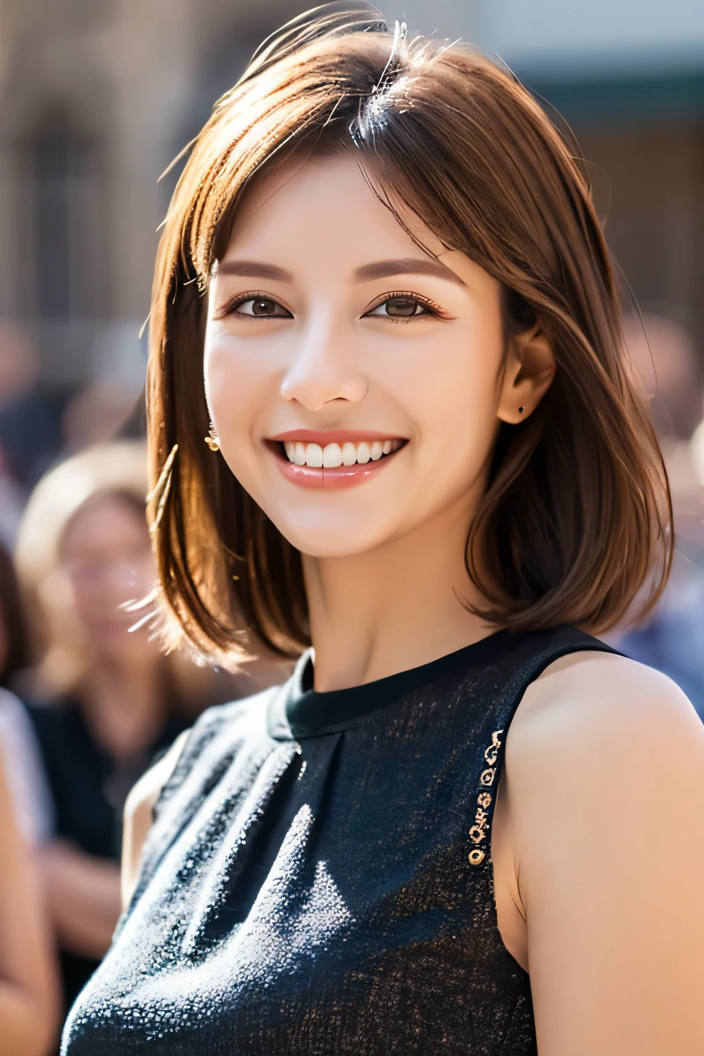 ((masterpiece)), ((Highest quality)), ((Complex)), ((Surreal)), (Realistic), (Mature Woman), ((There are no classes)), Very detailed, (1 female), Beautiful and exquisite, (Beautiful Teeth), Grin, Brunette Bob Hair, Brown eyes, ((blouse)), (Upper Body), (background:none), Perfect Eyes, Captivating eyes, Looking at the audience