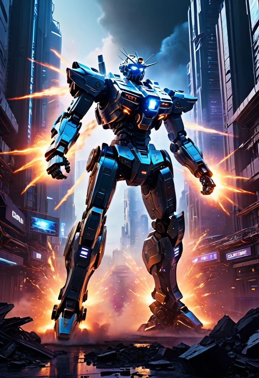 masterpiece,Official Art,8K, masterpiece, Highest quality, Very detailed, Futuristic, dynamic, Shine, metallic, robot,, , Cybernetic World,Mecha:1.2,Energy Wave,explosion,High Tech Building,Neon Light,Smoke and dust.