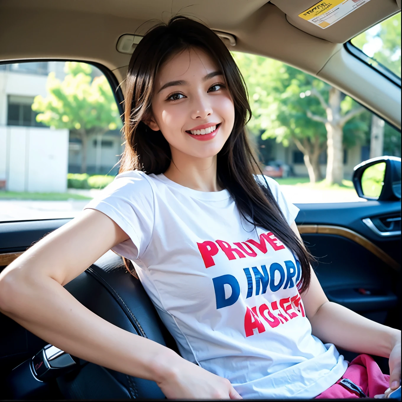 (masterpiece, Highest quality),(See the viewers:1.3), (smile:1.2), (colorful:1.4)Girl driving a car, Pull the handle,Drive date,Written boundary depth,head whole,Pinky T-shirt,cute,