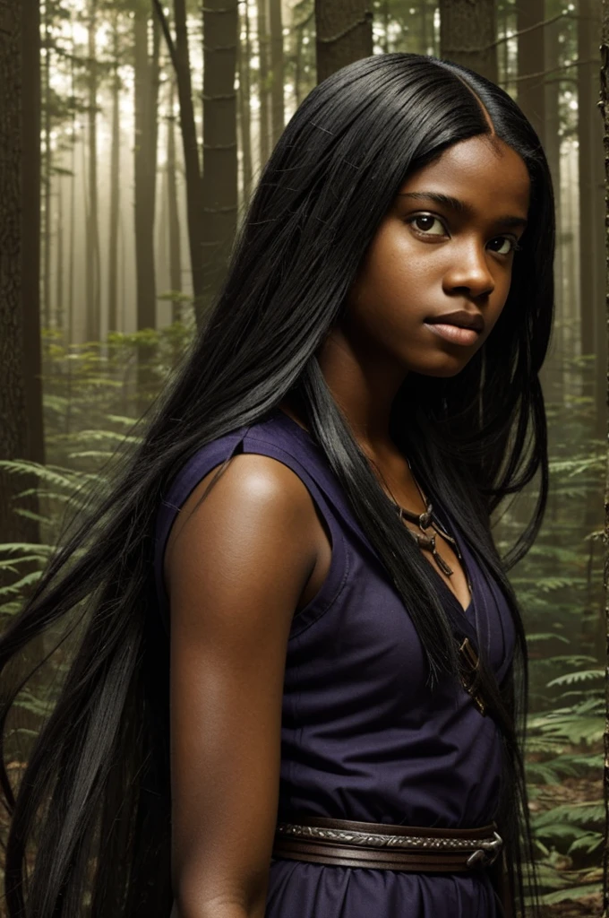 Rick Riordan book panel, a black teenage girl with straight long hair, she has weapons and she’s in the woods 