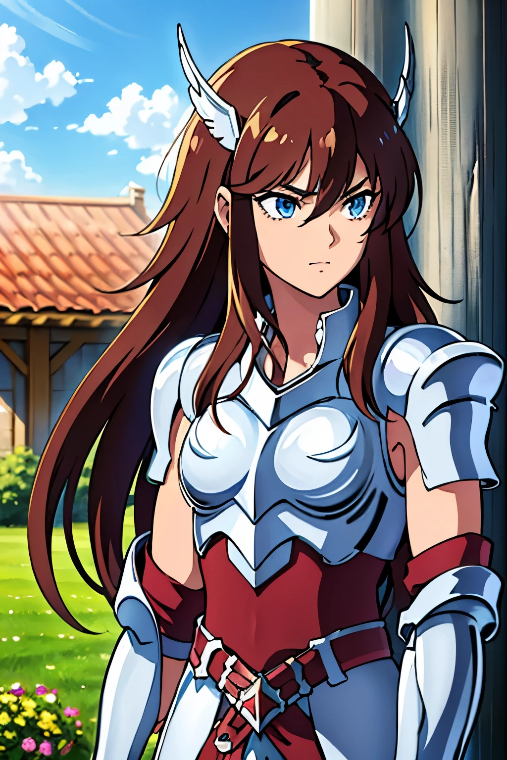 (high-quality, breathtaking),(expressive eyes, perfect face) portrait, Symmetrical Eyes, 1girl, solo, dark brown hair color, blue eyes, feminine face, soft smile, armor, saint seiya cygnus armor, fingerless gloves, medium breastplate, pauldrons, outdoors, ice, medium hair length, wavy spiky hair, Cordelia fe, Aiue Oka art Style
