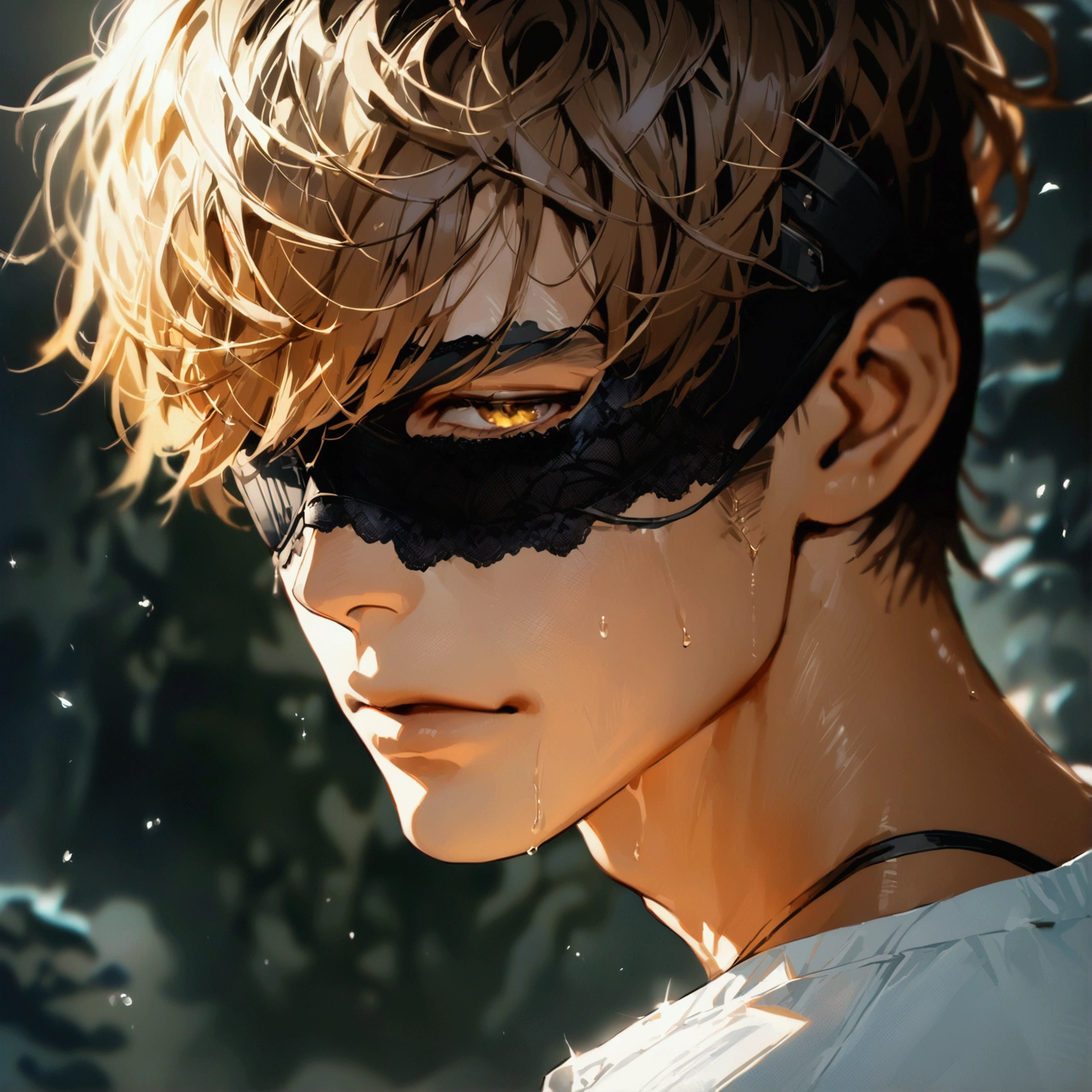 ((masterpiece)), ((best quality)), (from front, facing front), (head-shot:1.2), perfect anatomy, 1man, solo, adult man, brown hair, yellow eyes, one eye covered, eyepatch, white shirt, weak smile