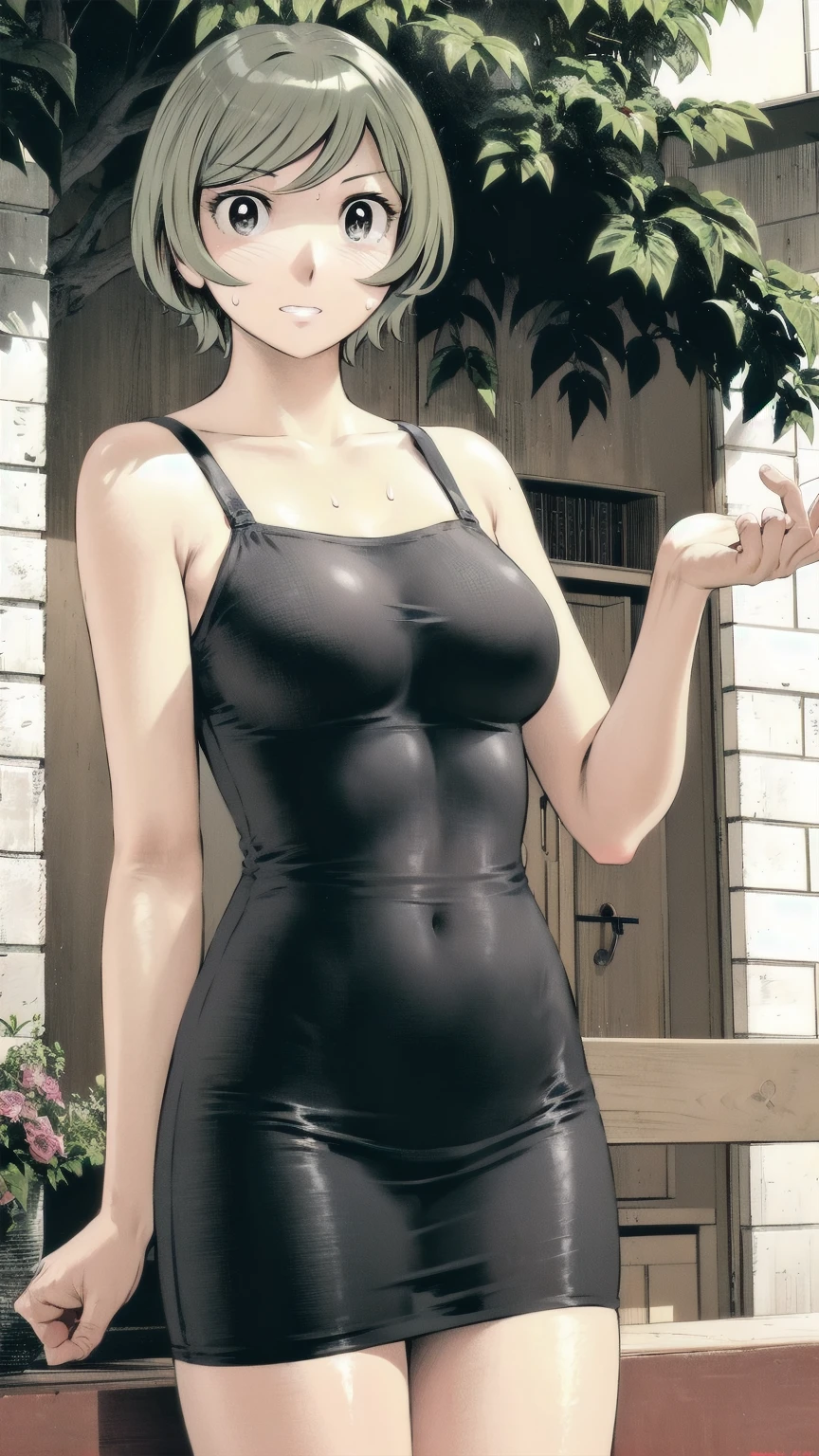 、(masterpiece、Highest quality)、Highest quality, Ultra-high resolution, (((masterpiece))), alone, Sweat、Big eyes, Sleeveless、Outdoor、Floral Dress、Composition from the front、(後ろCut your hair short、short hair、blonde、woman)、Shortcuts、Embarrassed face、Cut your hair short、可愛いwomanの子、Big Breasts、Browsing Caution