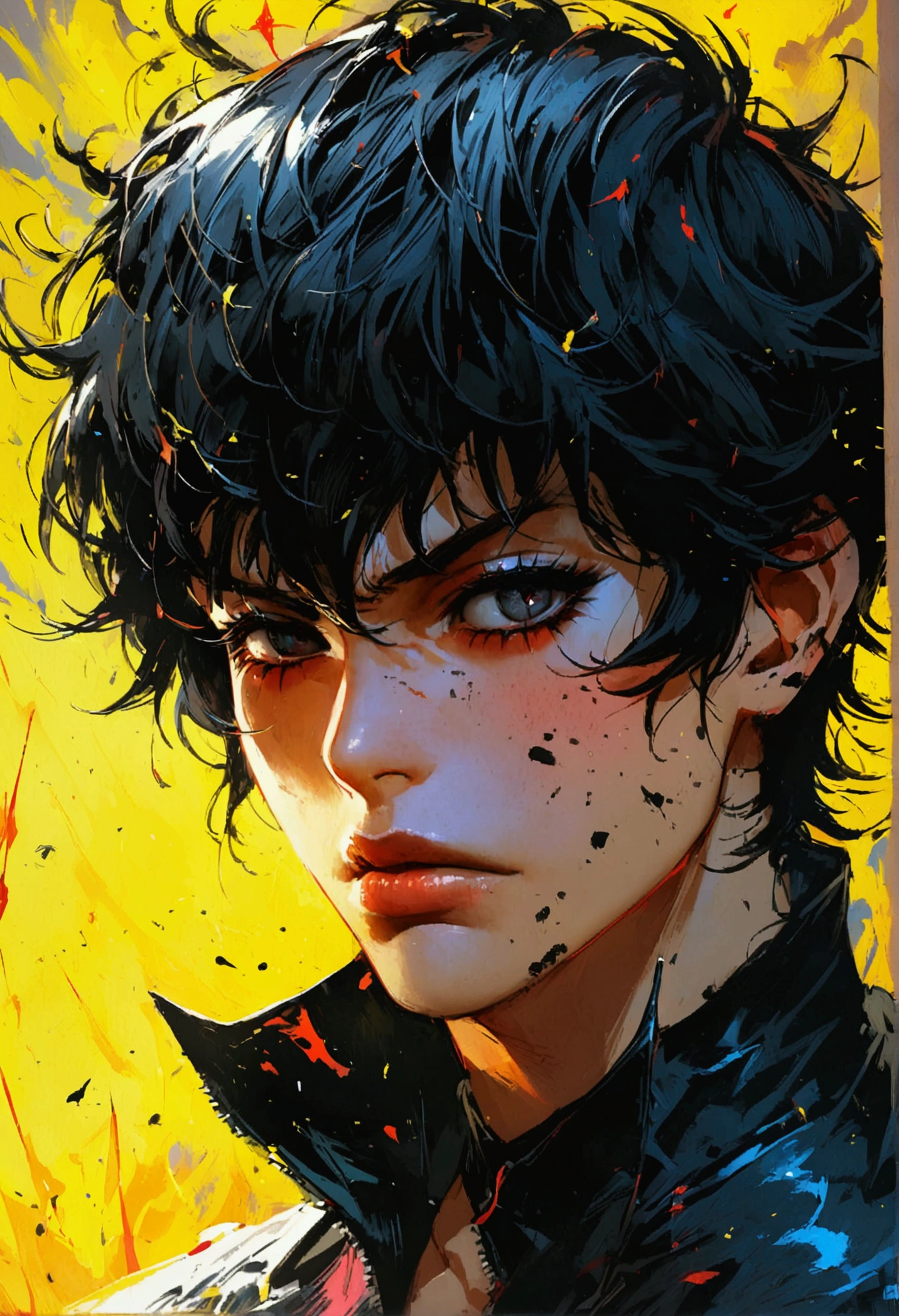 Akira Fudo, Devilman Crybaby, Male, with black clothes, background yellow