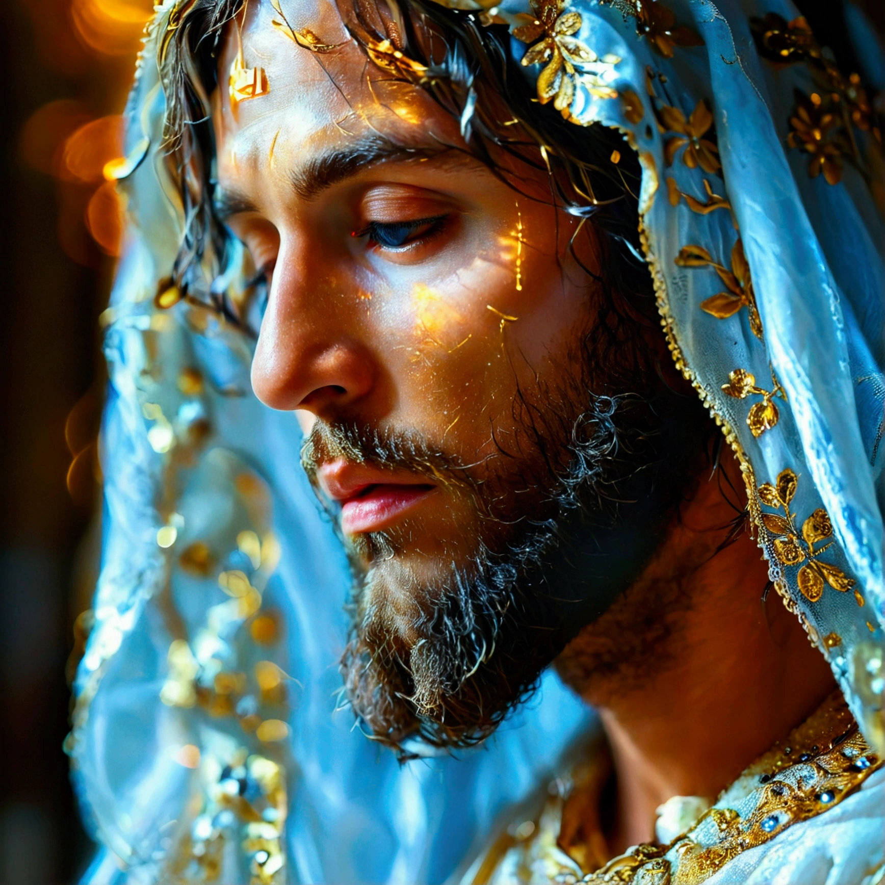 "A divine representation of Jesus, his profile veiled in serenity, hands clasped in reverent prayer, illuminated by a radiant halo of golden light, with the face of bryan skabeche".
