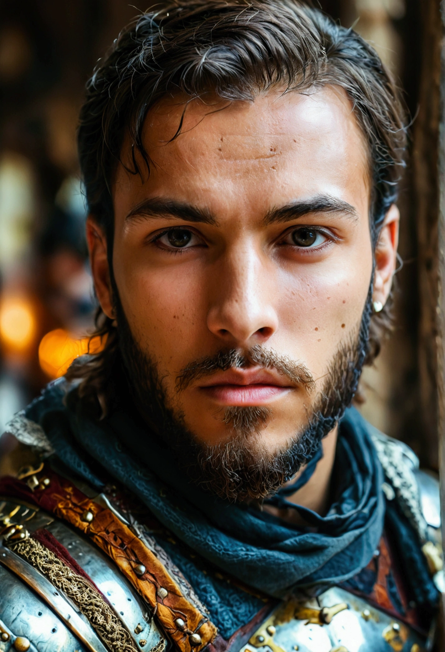 Medieval Knight,Short Beard,casual gesture, Attractive man, Beautiful and attractive face, Beautiful and attractive, Attractive young man, Slim man with light tanned skin., Handsome, Male Model, Strong masculine traits,, Square chin, Kan Yaman 8k,Wide-angle portrait