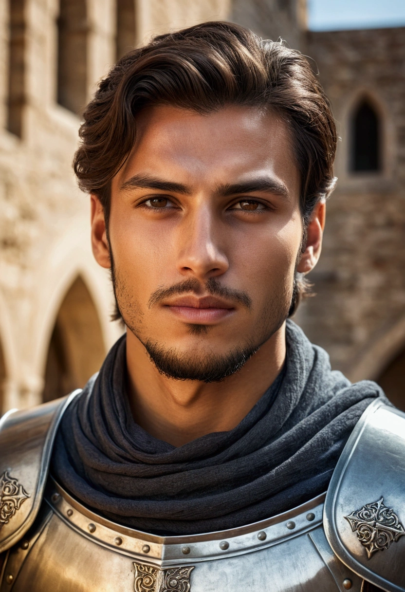 Medieval Knight,Short Beard,casual gesture, Attractive man, Beautiful and attractive face, Beautiful and attractive, Attractive young man, Slim man with light tanned skin., Handsome, Male Model, Strong masculine traits,, Square chin, Kan Yaman 8k,Wide-angle portrait
