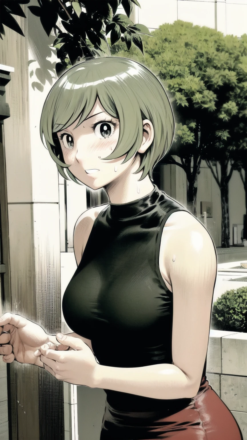 、(masterpiece、Highest quality)、Highest quality, Ultra-high resolution, (((masterpiece))), alone, Sweat、Big eyes, Sleeveless、Outdoor、Floral Dress、Composition from the front、(後ろCut your hair short、short hair、blonde、woman)、Shortcuts、Embarrassed face、Cut your hair short、可愛いwomanの子、Big Breasts、Browsing Caution