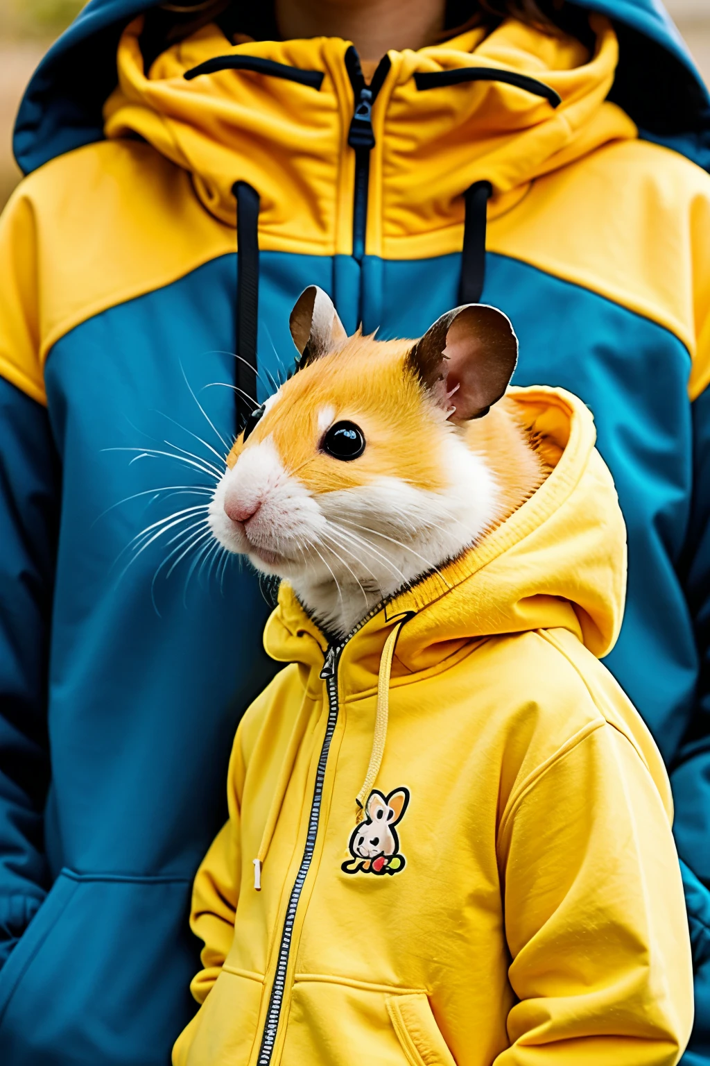 Cartoon hamster in a yellow jacket with a hoodie 