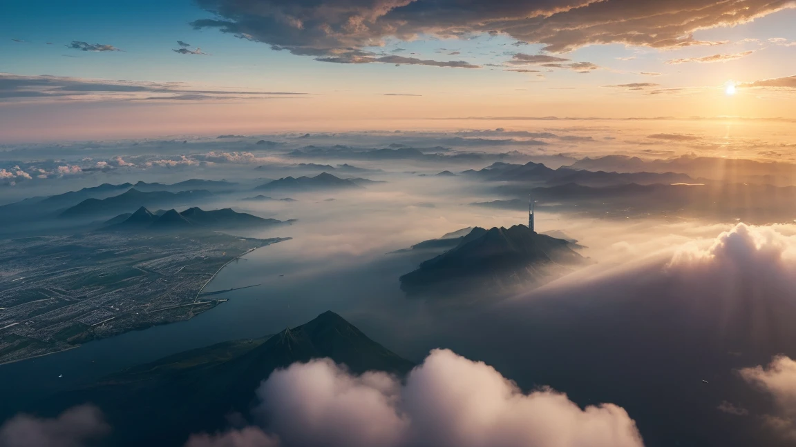 (best quality,4K,8K,high resolution,masterpiece:1.2),Extremely detailed,(Practical,Reality,Photo-realistic:1.37),Futuristic floating city,future technology,Cloud Piercing Tower,Stunning aerial view,Tranquil atmosphere,Nature and technology coexist,Epic sunrise，Quiet and peaceful environment,Modernist aesthetics,Ethereal Beauty