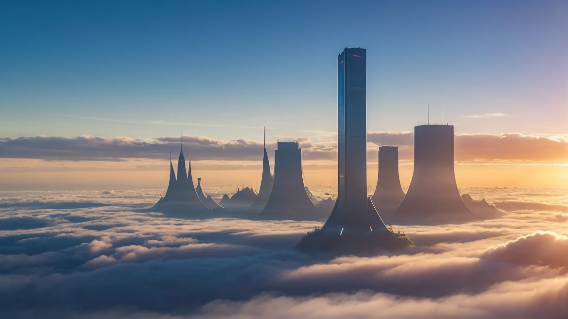 (best quality,4K,8K,high resolution,masterpiece:1.2),Extremely detailed,(Practical,Reality,Photo-realistic:1.37),Futuristic floating city,future technology,Cloud Piercing Tower,Stunning aerial view,Tranquil atmosphere,Nature and technology coexist,Epic sunrise，Quiet and peaceful environment,Modernist aesthetics,Ethereal Beauty