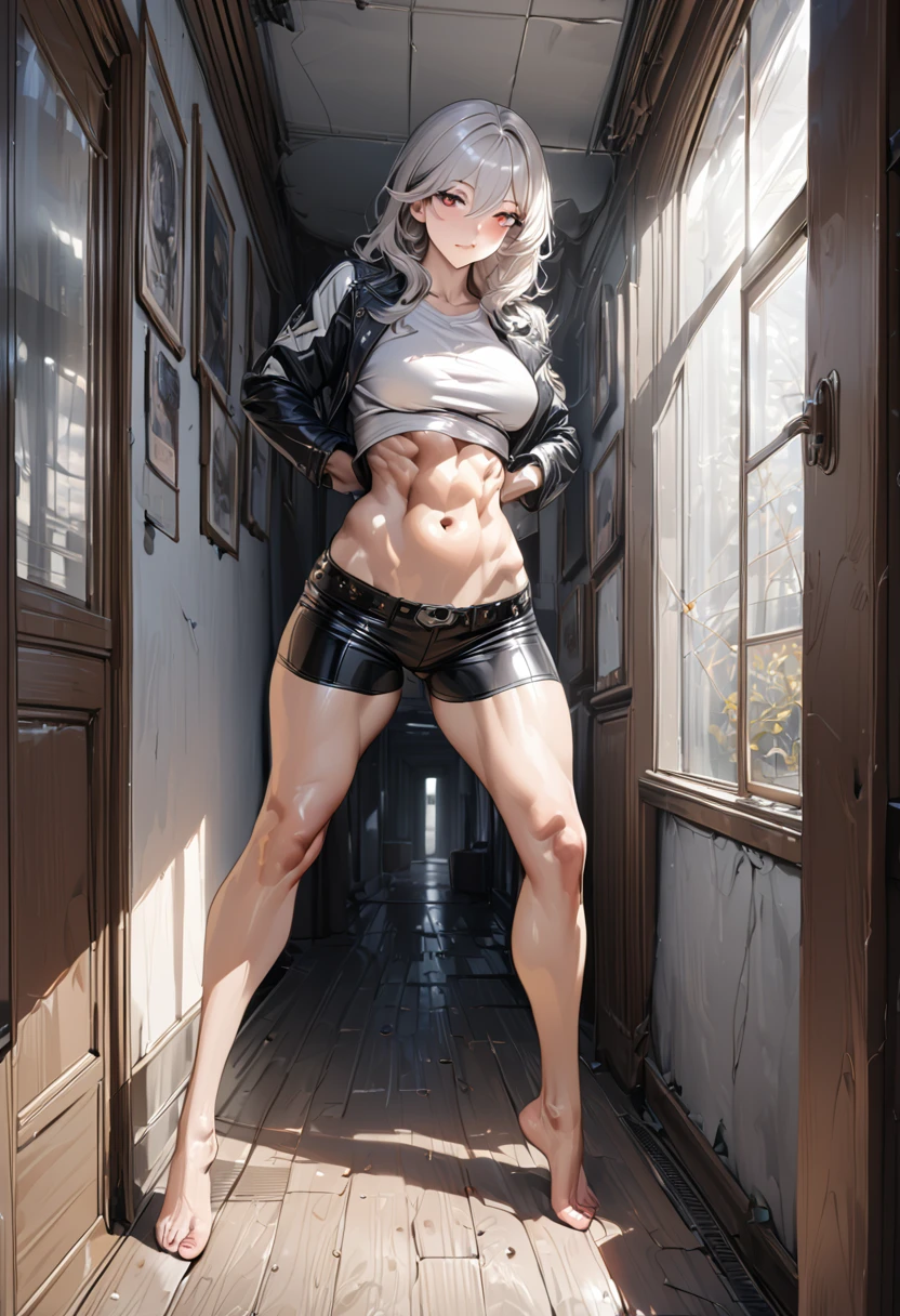 (hyper realistic), (illustration), (high resolution), (8K), (extremely detailed), (best illustration), (beautiful detailed eyes), (best quality), (ultra detailed), (masterpiece), (wallpaper), (detailed face), solo 1 girl, wavy blonde white hair, Russian, heterochromic eyes, wearing black leather pants with a nice belt with an iron buckle and jacket, round round breasts, long legs, protruding belly, toned abs, camel toes, dynamic pose. Photo from Standing in front in the corridor in detail, legs spread, sensual, attractive woman, sexy