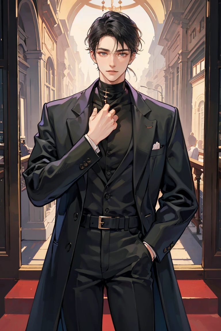 (masterpiece), best quality, seductive eyes, perfect face, handsome man, brown eyes, long slicked back black hair, long nose, tan brown skin, plain black turtleneck, black coat, black fitted pants, extremely tall man, long legs, long calves, full body, tall man, long legs, anime cover, 1boy, ear piercings, hands in pockets, adult-like look, cafe background