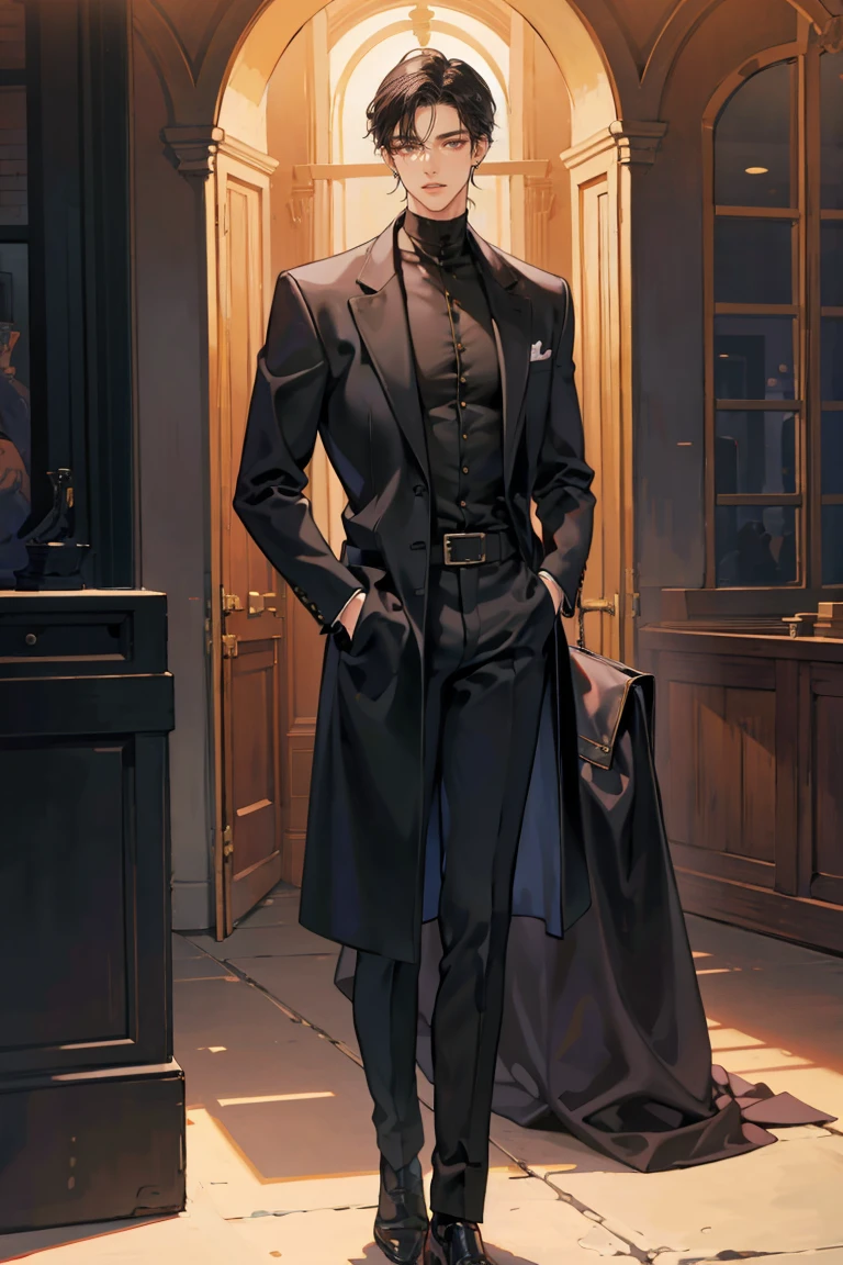 (masterpiece), best quality, seductive eyes, perfect face, handsome man, brown eyes, long slicked back black hair, long nose, tan brown skin, plain black turtleneck, black coat, black fitted pants, extremely tall man, long legs, long calves, full body, tall man, long legs, anime cover, 1boy, ear piercings, hands in pockets, adult-like look, cafe background
