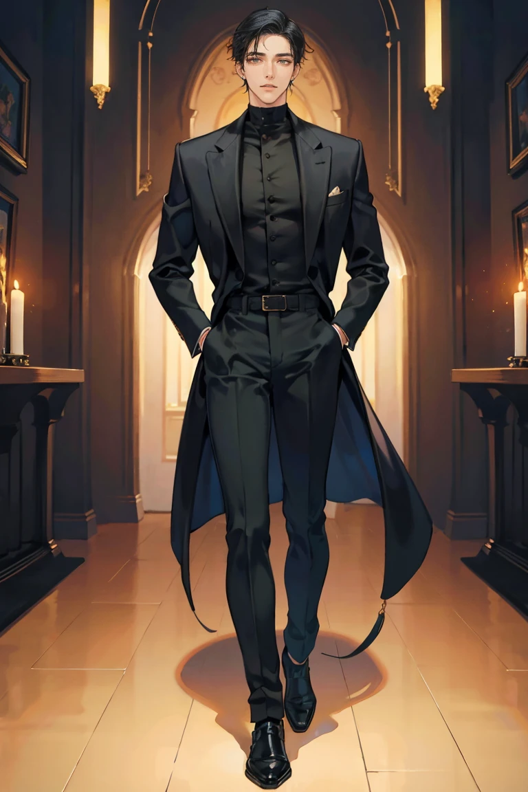 (masterpiece), best quality, seductive eyes, perfect face, handsome man, brown eyes, long slicked back black hair, long nose, tan brown skin, plain black turtleneck, black coat, black fitted pants, extremely tall man, long legs, long calves, full body, tall man, long legs, anime cover, 1boy, ear piercings, hands in pockets, adult-like look, cafe background