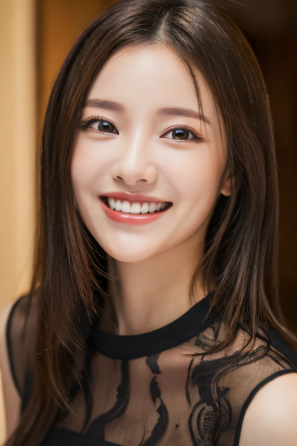 ((masterpiece)), ((Highest quality)), ((Complex)), ((Surreal)), (Realistic), (Mature Woman), ((There are no classes)), Very detailed, (1 female), Beautiful and exquisite, (Beautiful Teeth), Grin, Brunette Bob Hair, Brown eyes, ((blouse)), (Upper Body), (background:none), Perfect Eyes, Captivating eyes, Looking at the audience
