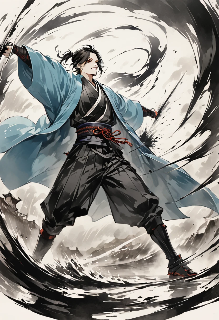 Ink painting,1color,whole body,smile,Johnny Depp,Medium Hair,Samurai,Black kimono,(haori),(Intense sword fighting scene with outstretched arms),Drawing strokes drawn with rot ring 0,Dynamic movement and powerful brushstrokes、splash,