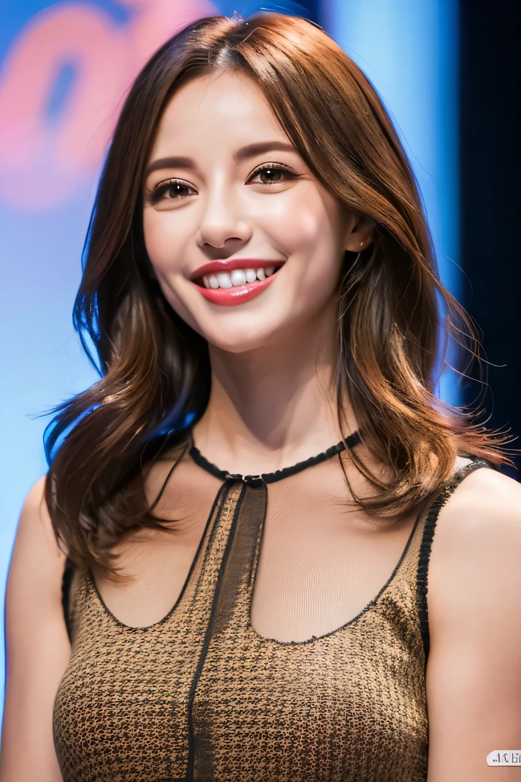 ((masterpiece)), ((Highest quality)), ((Complex)), ((Surreal)), (Realistic), (Mature Woman), ((There are no classes)), Very detailed, (1 female), Beautiful and exquisite, (Beautiful Teeth), Grin, Brunette Bob Hair, Brown eyes, ((blouse)), (Upper Body), (background:none), Perfect Eyes, Captivating eyes, Looking at the audience