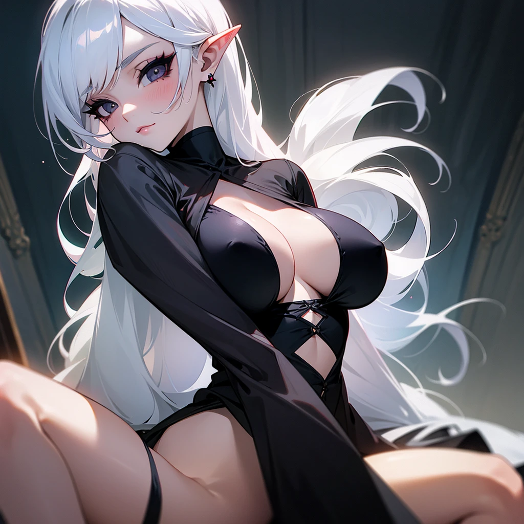 An albino girl in both hair and eyelashes, a warm look of black eyes and a beautiful black bikini with only a big shirt with big breasts and pointed ears with a background of a living room at night