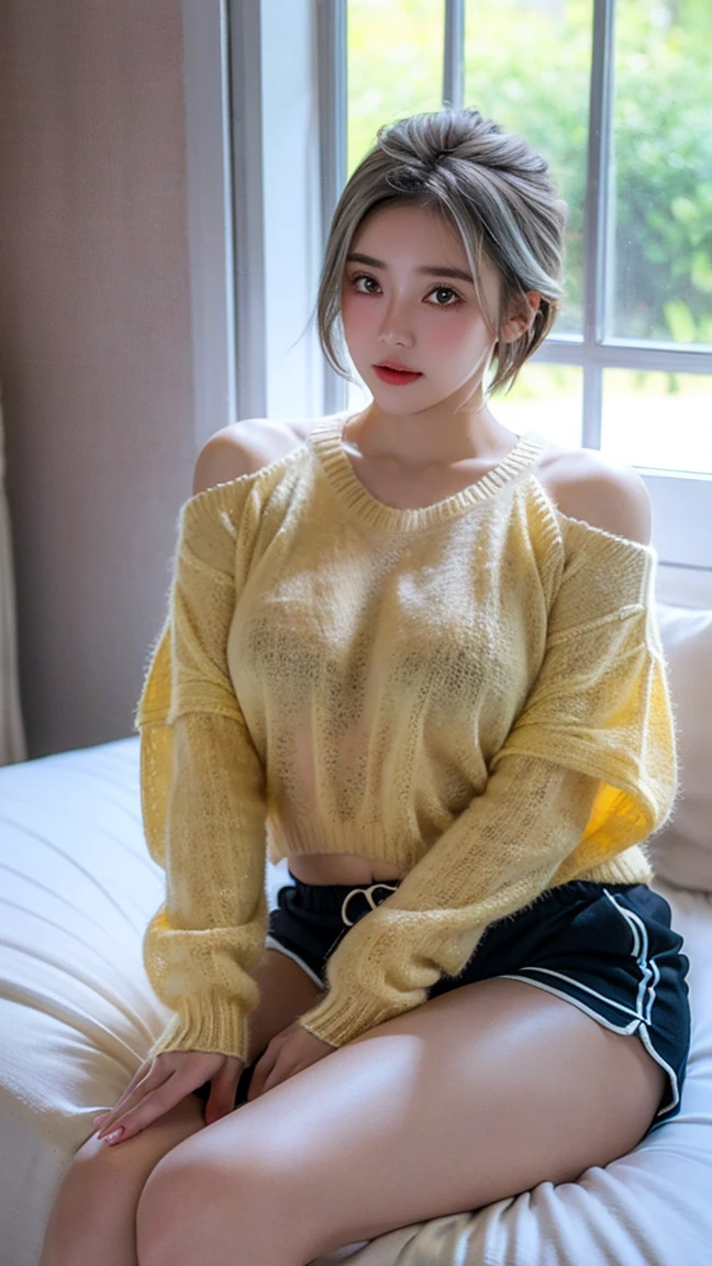 young girl , short silver bob hair, yellow  eyes, Caucasian skin, sweaty transparent sweater, shorts ultra mini, shorts mini preto, highlighting the curves of the body (((sweat))) lying on a bed, four bed with large window in the background, window with sun, reflecting light on the body.