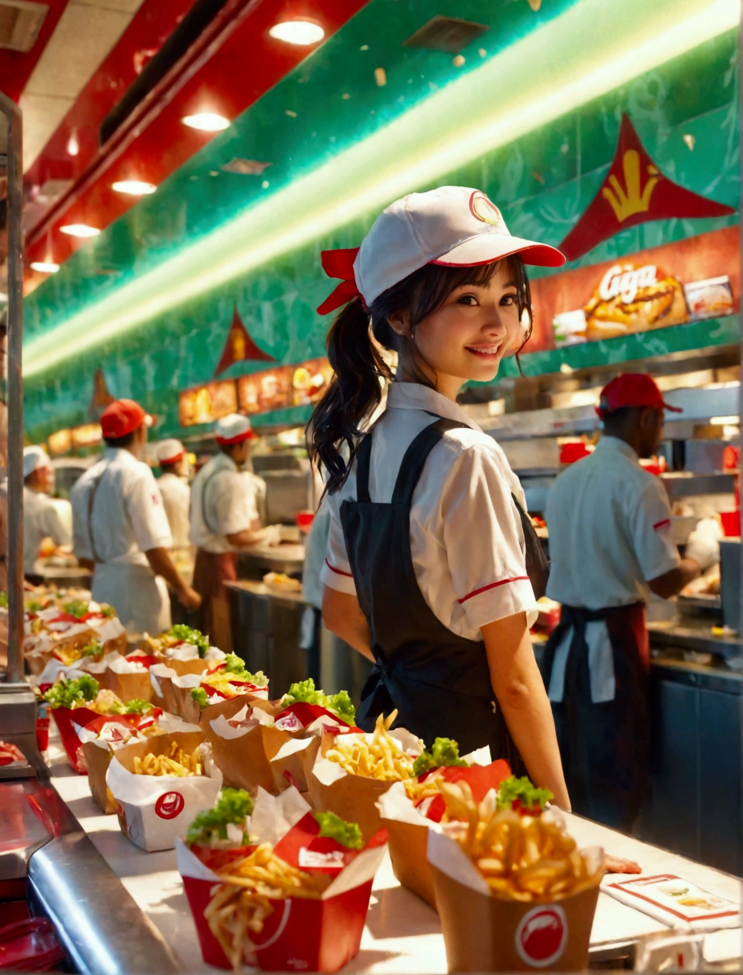 Aphotorealistic, ultra-detailed representation of a dedicated fast food worker serving customers behind the counter in an upper body shot. The individual, showcasing a genuine smile, is skillfully multitasking, handling various orders with precision and attention to detail. Their uniform, emblazoned with the familiar logos of the fast food chain, is worn neatly, and their hands move with dexterity as they assemble meals. The background is a blur of movement, customers lining up to place their orders. The scene is brightly lit, highlighting the worker's focused expression and the intricate mechanisms of the fast food assembly line. The image is shot in 8K UHD, gigantic breasts, giga_busty